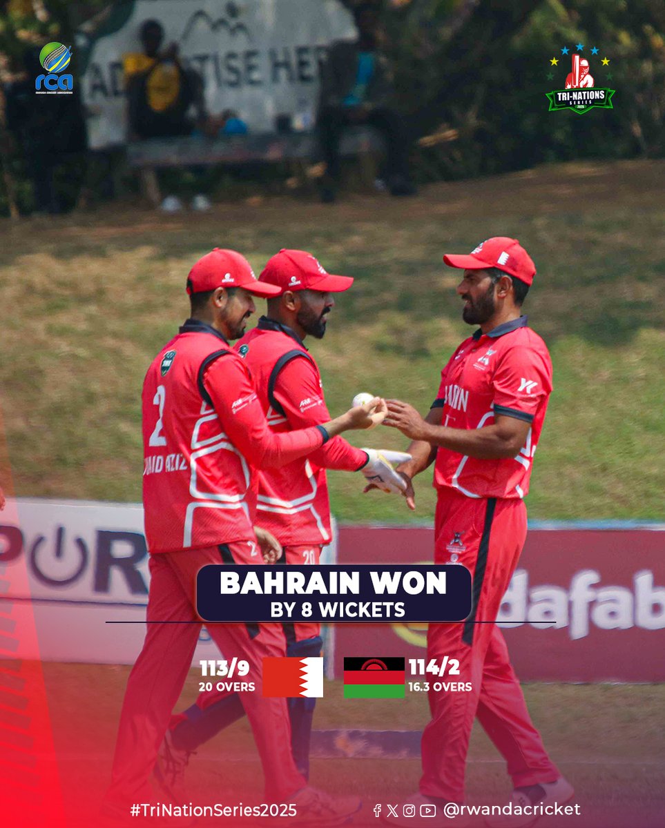 RwandaCricket's tweet image. Bahrain won by 8 wickets
Bahrain chased down 113 in 16.3 overs, finishing on 114/2.
Player of the Match: Asif Ali – 28 runs (18 balls) and 3 overs, 13 runs, 1 wicket.
#trinationsseries2025
@bahraincricket
@cricketmalawi
