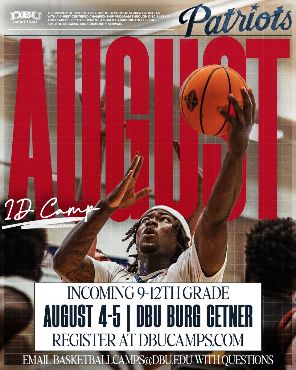 🚨 Only 🔟 Days Away!🚨

📅 August 4-5 @ DBU
🔥 Choose your date
🕒 Pick your sessions
✔️FINAL ID CAMP OF 2025

Receive skill training from TABC Head Coach of the Year Blake Flickner! 

🔗 basketball.dbucamps.com/2024-dbu-id-ca…