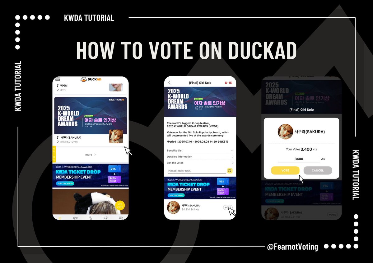 FearnotVoting's tweet image. RESET TIME FOR KWDAs
It’s time to collect VTs on Duckad and vote for Sakura
To-do:
• Daily check-in
• Visit Websites
• Click Banners
• Watch ads (10 VTs/30min)
• Stream songs (300 VTs/stream)
#LE_SSERAFIM #르세라핌 #ルセラフィム