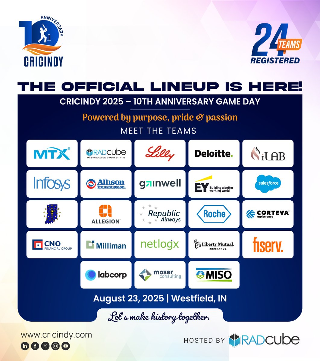 Cricindy2's tweet image. Presenting the Official Team Lineup for #CricIndy2025!
24 incredible orgs. 1 epic Game Day.
๐
Aug 23 | Grand Park, Westfield, IN
From innovators to community builders, these teams bring purpose, pride & passion to the pitch.
Hosted by @RADcubeAlerts
#GameDayReady #TeamReveal