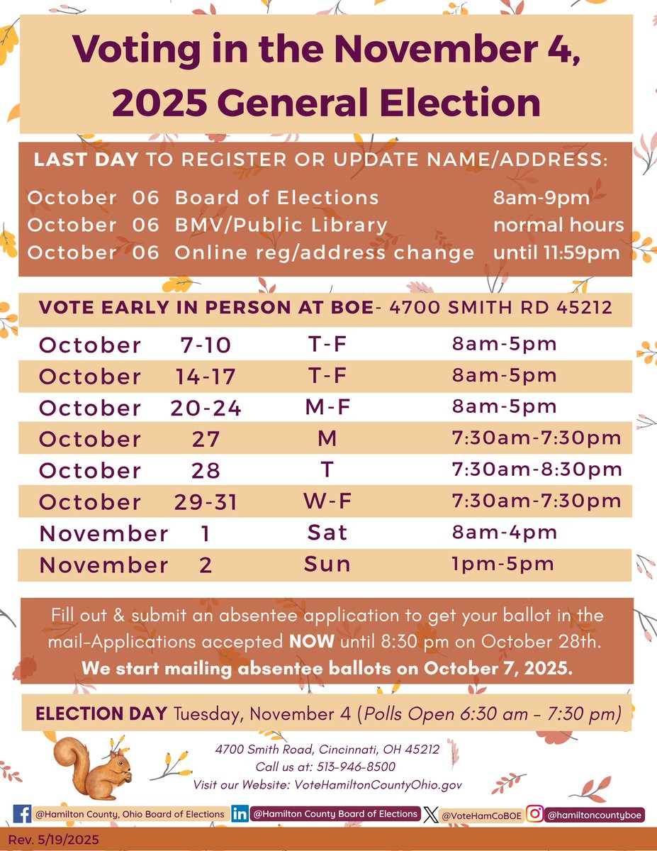 It's never too early to prepare for the next election! Here's the Early Voting schedule for the November 4th, 2025 General Election.