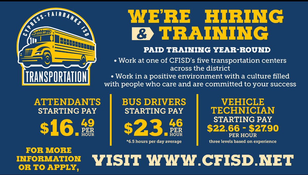 CyFairISD's tweet image. Our transportation department is hiring drivers and attendants at recently increased starting rates! When #YouDriveCFISD, you drive with the best! Apply today: buff.ly/4eyVXEb #CFISDspirit