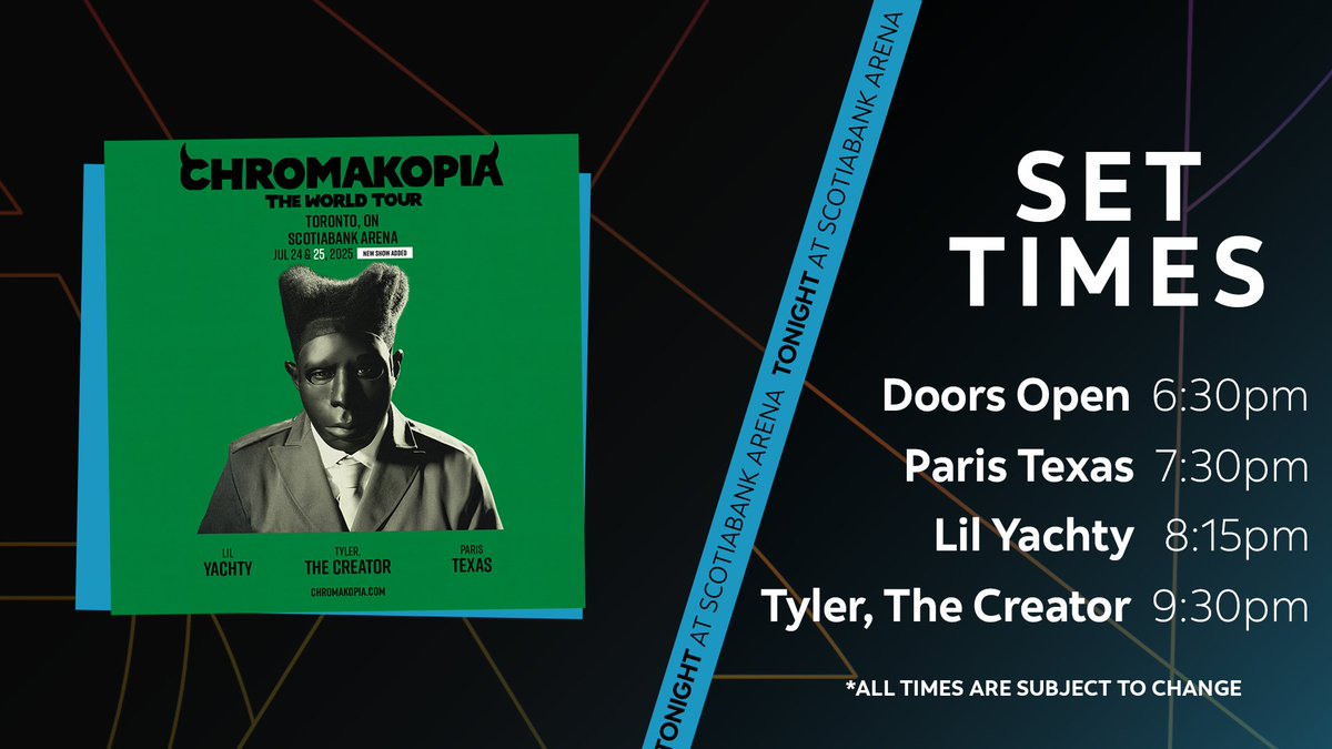ScotiabankArena's tweet image. π¨ TONIGHT - NIGHT 2 π¨
πͺ DOORS OPEN - 6:30PM
π΅ PARIS TEXAS - 7:30PM
π΅ LIL YACHTY - 8:15PM
π΅ TYLER, THE CREATOR - 9:30PM
*Times subject to change
πΌ Bag Policy bit.ly/3w55SOu
π³ Scotiabank Arena is a cash-free venue, accepting debit, credit & contactless payment