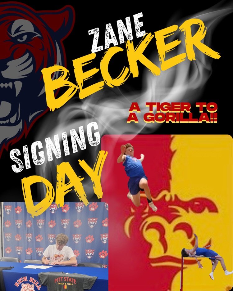 PrincipalRhhs's tweet photo. Zane Becker, Class of 2025, signed his letter of intent with Pittsburg State University. Becker will begin his training this fall with the Gorilla track team as a multi-event track athlete! Congratulations Zane! https://t.co/j8SZYP6pa5