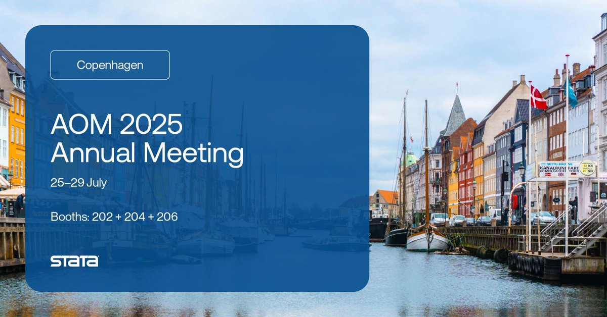 Stata's tweet image. We’re in Copenhagen for #AOM2025 🇩🇰
Stop by our booth to meet the team, learn about the latest Stata features, and grab some Stata swag.
Join us on Sunday for our exhibit hall breakout presentation.
Details: stata.com/news/conferenc…
#Stata #StataCommunity @AOMConnect