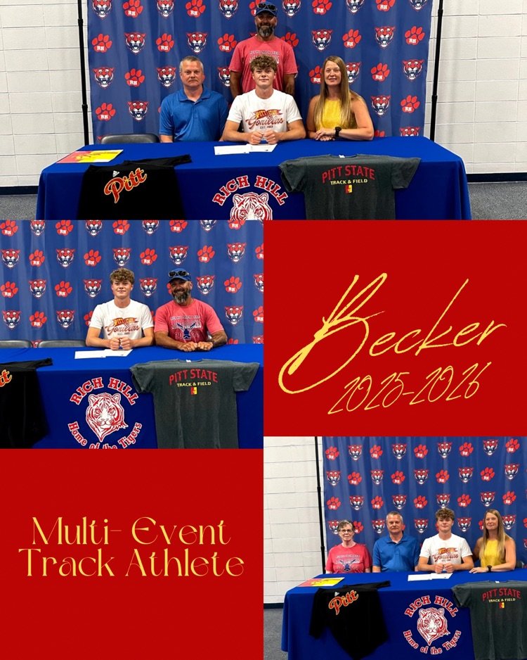 PrincipalRhhs's tweet photo. Zane Becker, Class of 2025, signed his letter of intent with Pittsburg State University. Becker will begin his training this fall with the Gorilla track team as a multi-event track athlete! Congratulations Zane! https://t.co/j8SZYP6pa5