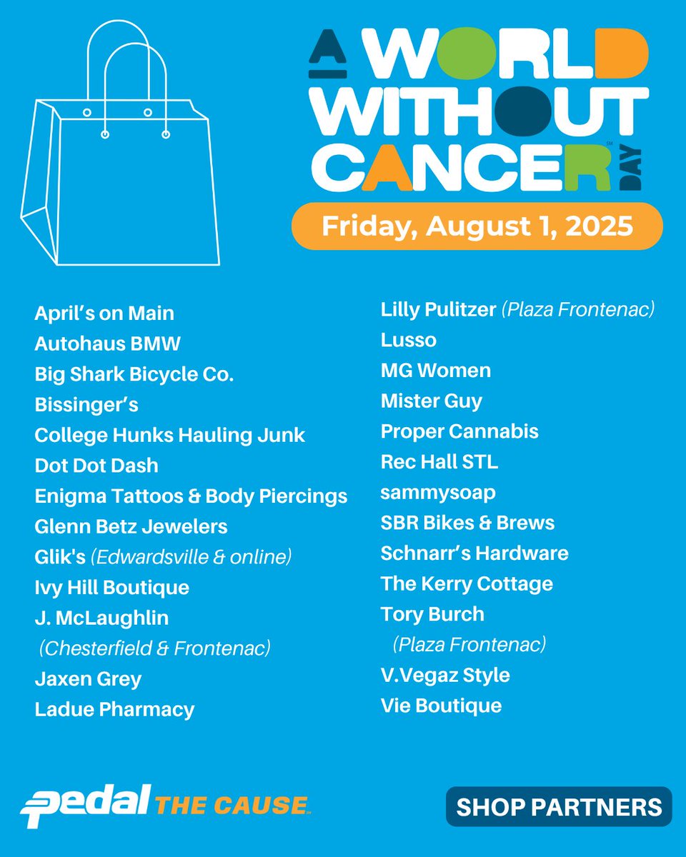 🚨 NEXT WEEK: A World Without Cancer Day is Friday, August 1! Over 100+ restaurants and retailers across the STL region are stepping up and donating a portion of their sales on this day to help END CANCER. 
🔗 See the full list of partners: bit.ly/45RS0YE