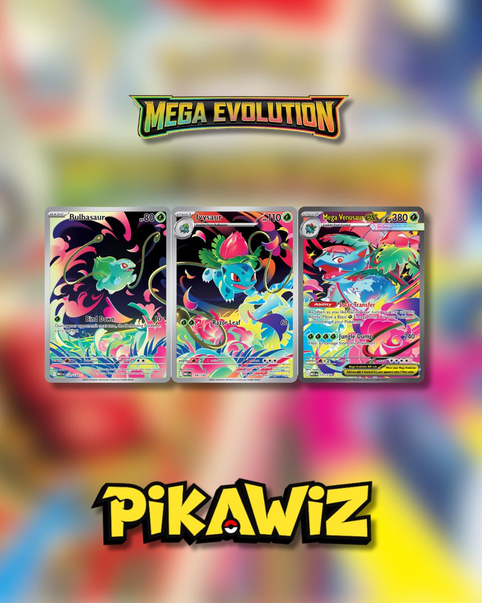 The new Illustration Rares for Bulbasaur and Ivysaur connect perfectly to Mega Venusaur ex, creating one seamless artwork! 
Are we calling this one of the best-connected illustrations yet, or is the simple background cheating? 👀