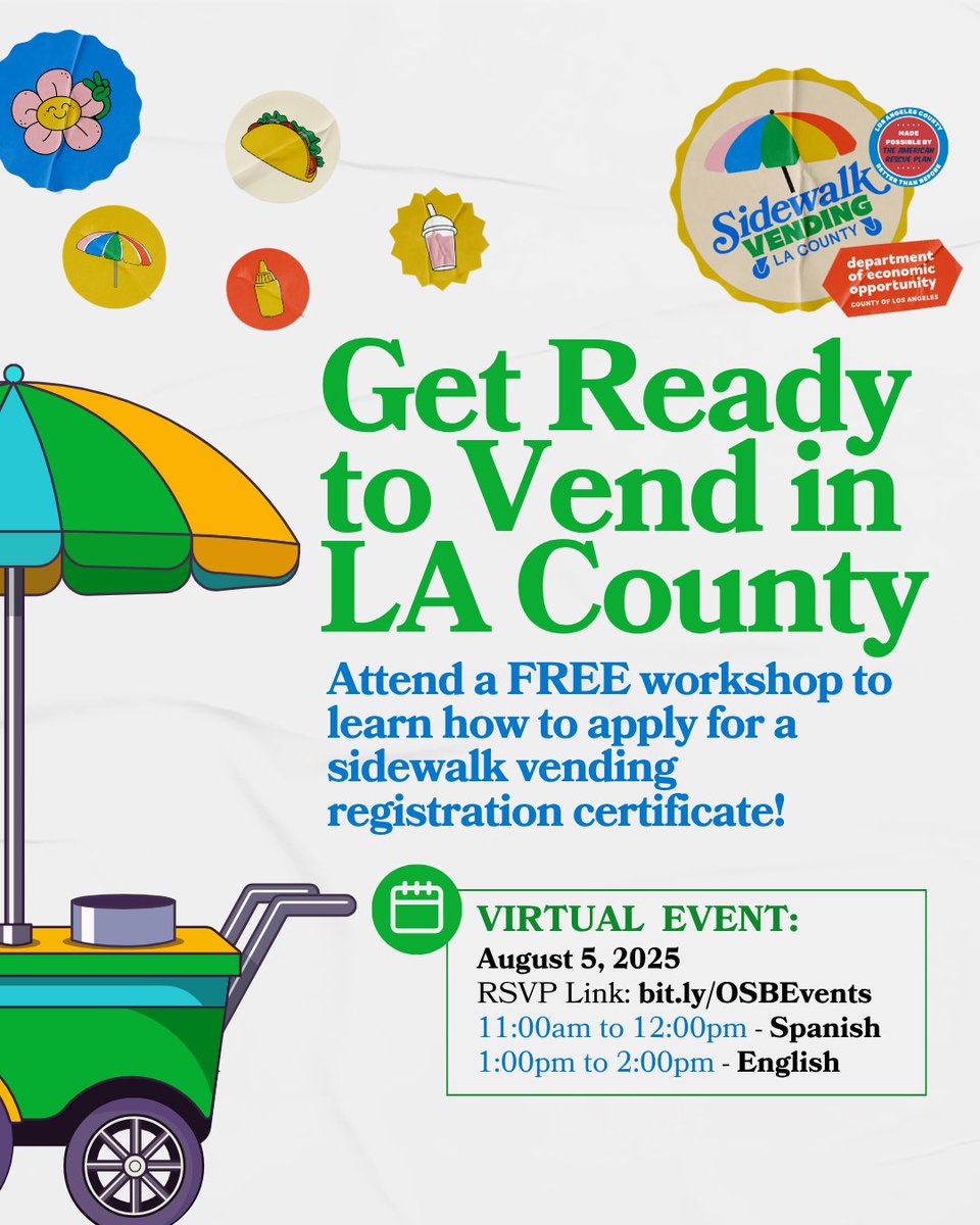 EconOppLA's tweet image. Formalize a Sidewalk Vending Business with Support from DEO!
Join our virtual workshop — available in both English and Spanish — and learn how to:
Date: Friday, August 5
Location: Virtual
👉 To RSVP, visit: bit.ly/OSBEvents or click the link in our bio!