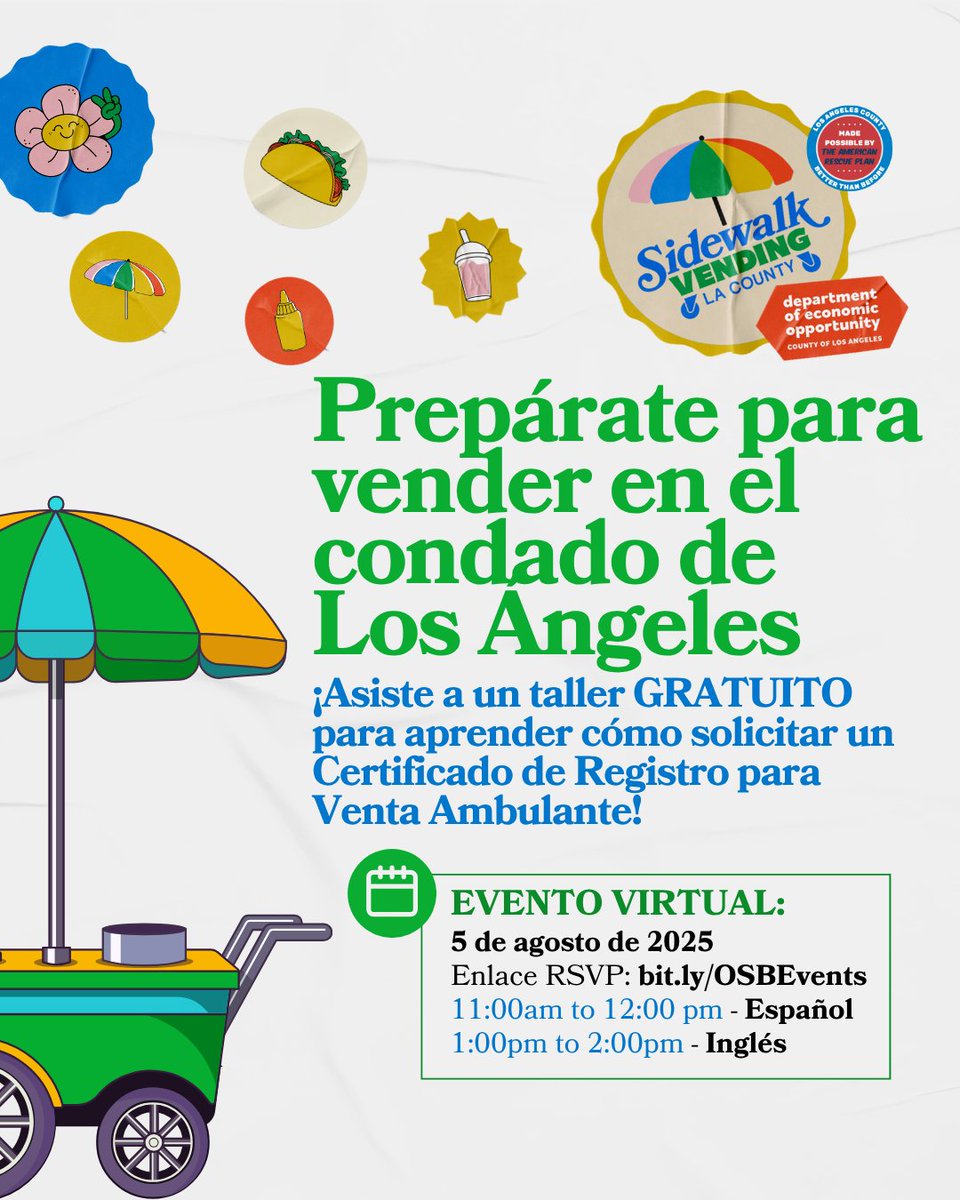 EconOppLA's tweet image. Formalize a Sidewalk Vending Business with Support from DEO!
Join our virtual workshop — available in both English and Spanish — and learn how to:
Date: Friday, August 5
Location: Virtual
👉 To RSVP, visit: bit.ly/OSBEvents or click the link in our bio!