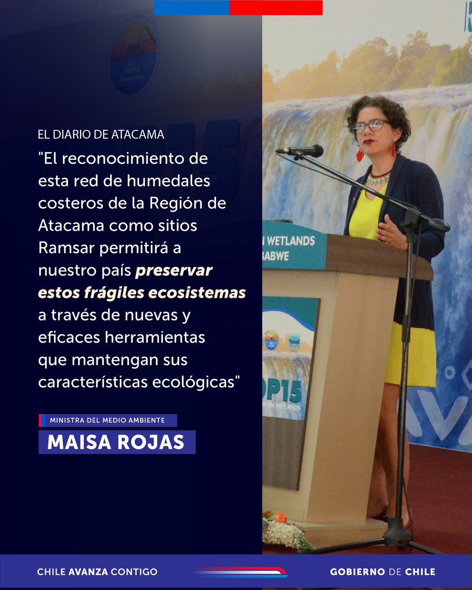 MMAChile's tweet image. Seguiremos trabajando para preservar nuestros ecosistemas.🏞 Te invitamos a leer parte de la entrevista que dio la ministra Maisa Rojas a @diarioatacama, a propósito de nuestra participación en la #COP15Ramsar, que se realiza en Zimbabue. 🌿