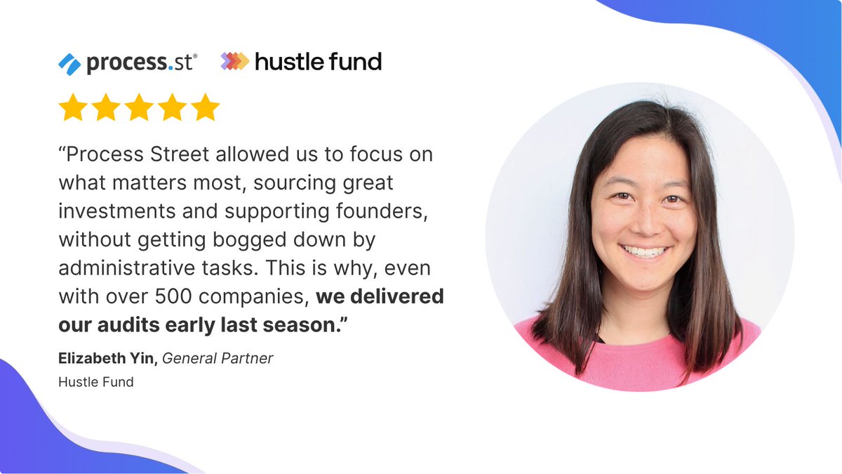High-quality work shouldn’t be hard.

For Hustle Fund, the easiest path to consistent execution was Process Street.

VC teams move fast. Process Street keeps that speed organized, accountable &amp; audit-ready.

✔️ Clear ownership
✔️ Consistent execution
✔️ Less manual follow-up