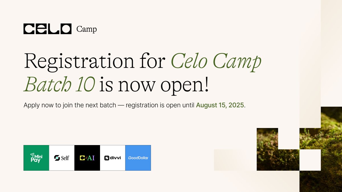 celo_camp's tweet image. 📣 Applications are now open for Celo Camp Batch 10!
This cohort focuses on building for real-world solutions on @Celo, the Ethereum L2 built for the real world and designed for fast, low-cost transactions worldwide, across five key initiatives: @minipay, @selfprotocol,…