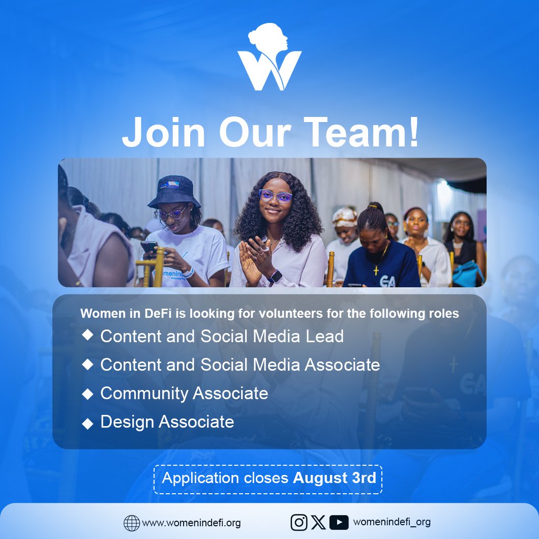 We’ve built a movement. 
Now we’re building the team behind it.

WomeninDeFi is looking for sharp minds and soft hearts to help us:

→ Tell powerful stories.
→ Grow our community.
→ Create content that shifts culture.
→ Design experiences people remember.

Roles open:

🔹️