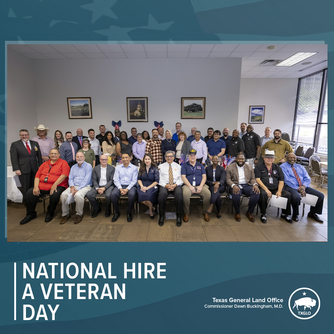 TXGLO's tweet image. On National Hire a Veteran Day, the GLO is proud to recognize our talented, hardworking staff of Veterans!
Our agency participates in the "We Hire Vets" program and we're honored to provide the men and women who have served our country with meaningful careers after their…