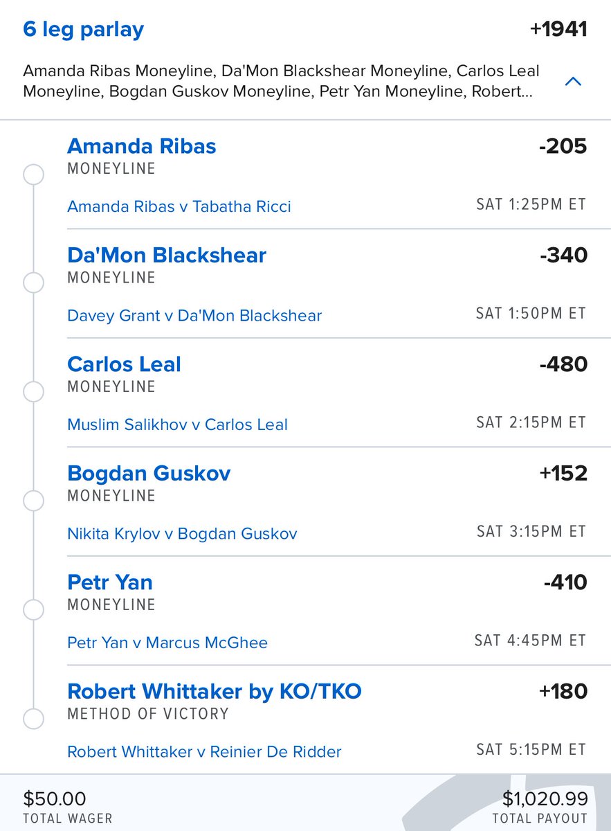 talkbets101's tweet image. $50 to win $1020 on a 6-leg UFC parlay. 
(0.5 units)