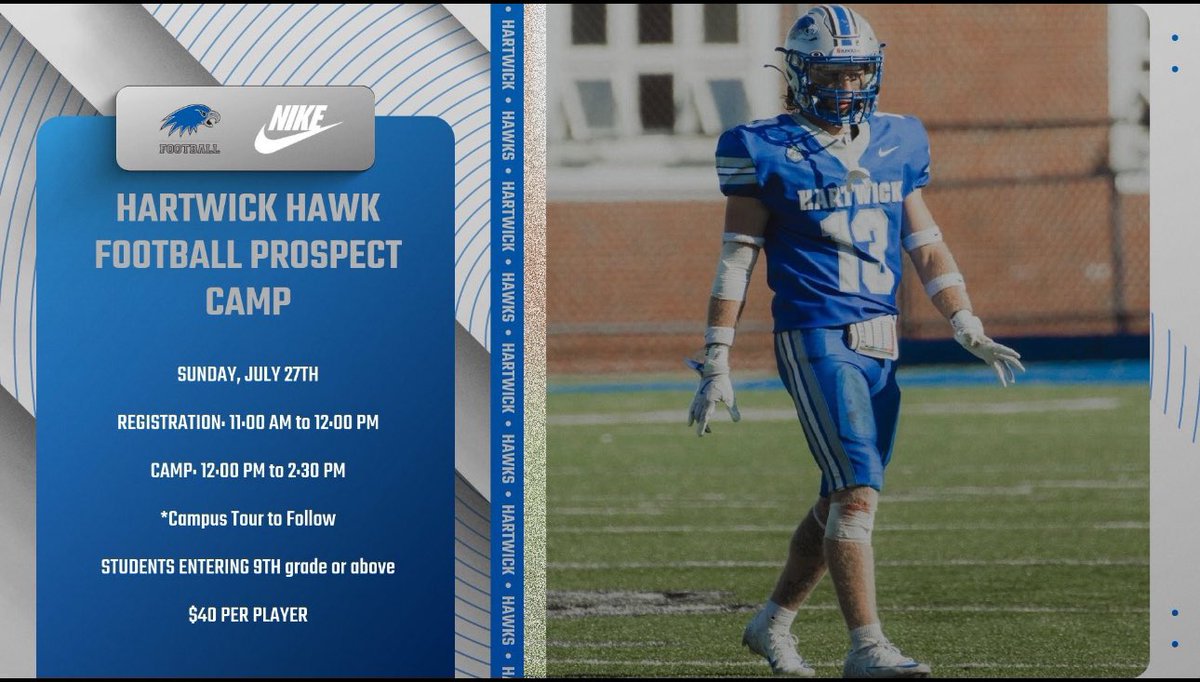 Excited to be competing at 2 camps this weekend. Hartwick and Suny Cortland ready to get after it!!
<a href="/Coach_Simm516/">Coach Simm</a> 
<a href="/CoachElmore70/">Tyler Elmore</a> 
<a href="/CoachRogers13/">Matt Rogers</a> 
<a href="/WardMelvilleFB/">Patriots Football</a>