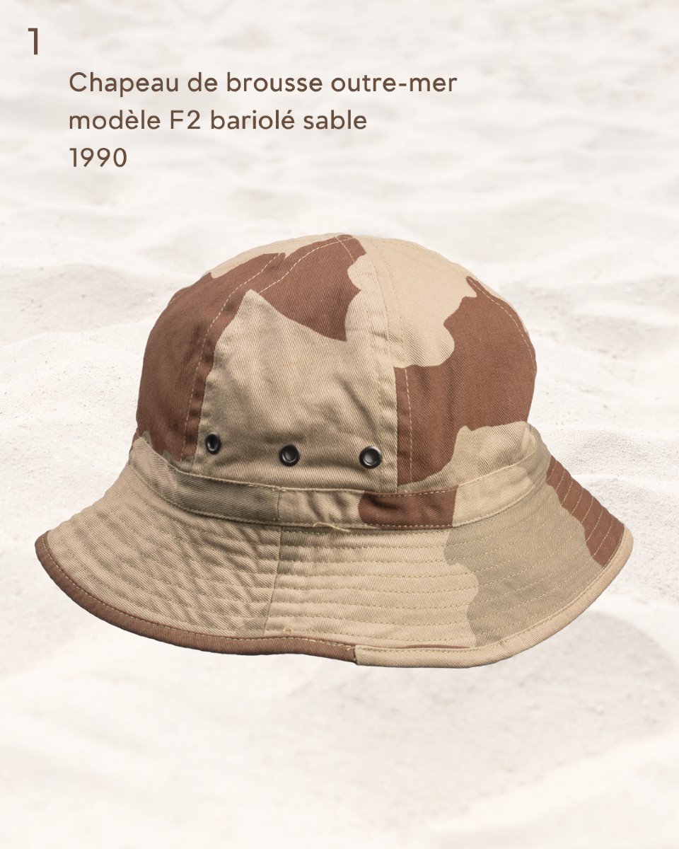 MuseeArmee's tweet image. [#Eté]🧢 Casquettes en toile, chapeaux de brousse…Avec l’arrivée des fortes chaleurs, partez à la découverte des couvre-chefs conservés dans les collections du musée de l’Armée !

🔹1. Chapeau de brousse outre-mer, modèle F2 bariolé sable – 1990
🔹2. Chapeau de brousse, modèle…