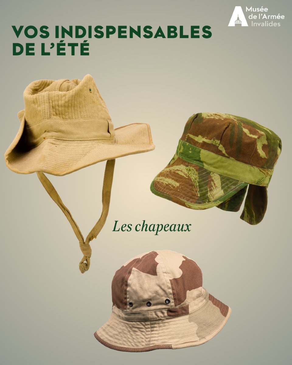 MuseeArmee's tweet image. [#Eté]🧢 Casquettes en toile, chapeaux de brousse…Avec l’arrivée des fortes chaleurs, partez à la découverte des couvre-chefs conservés dans les collections du musée de l’Armée !

🔹1. Chapeau de brousse outre-mer, modèle F2 bariolé sable – 1990
🔹2. Chapeau de brousse, modèle…