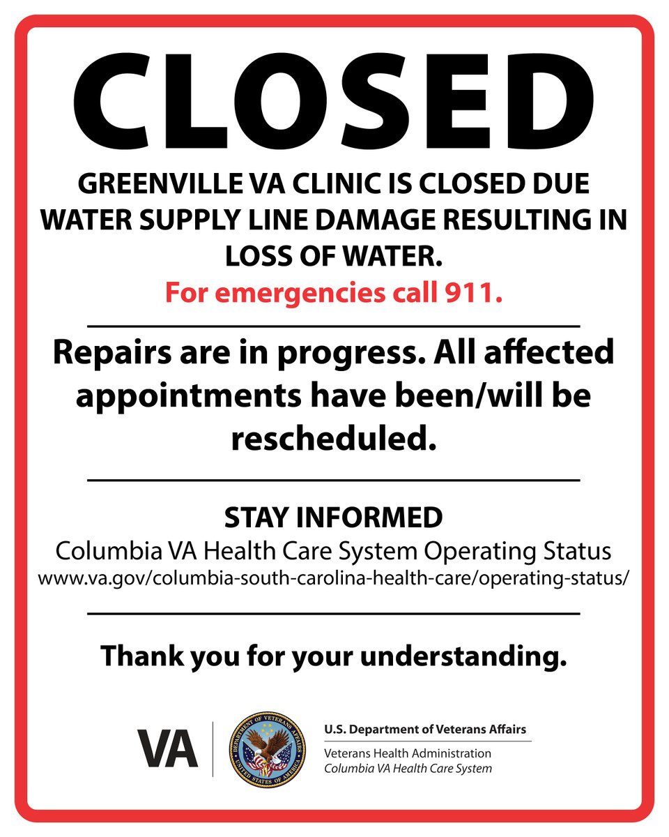 🚧 The Greenville VA Clinic remains closed due to a damaged water line. Repairs continue, but there is no timeline for reopening at this time. Updates will be shared as they become available. #VAUpdate #VeteranCare