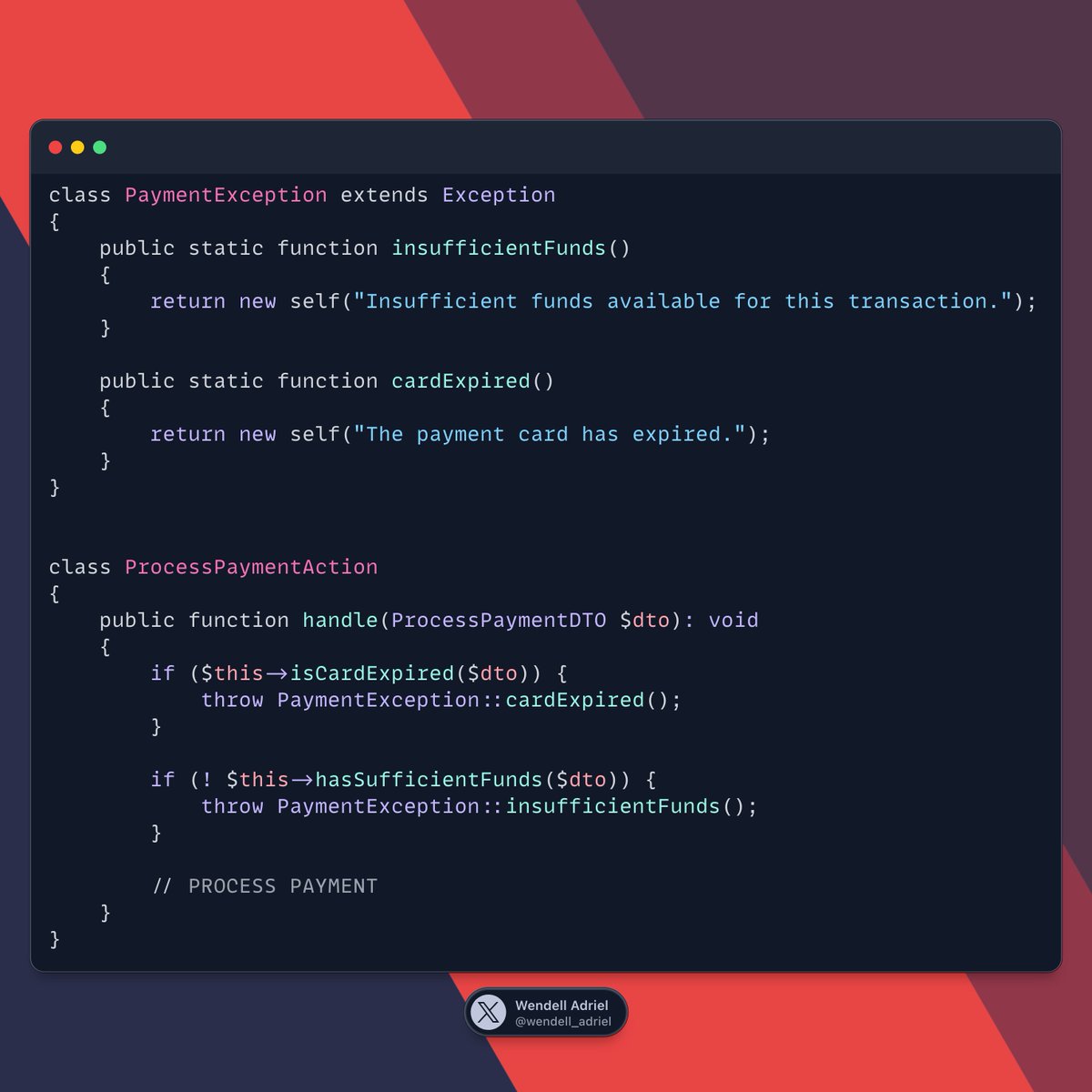 wendell_adriel's tweet image. PHP/Laravel Tip 🚀
When you have two cases for Custom Exceptions related to the same Domain, instead of creating multiple Exception classes, you can use a single class with different methods!
Cleaner and more organised codebase FTW! 💪🔥