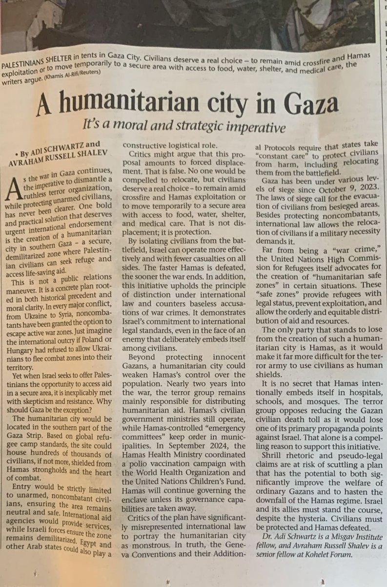 russell_sl's tweet image. In this weekโs @Jerusalem_Post, @Adi_Schwartz and I explain why a humanitarian city in Gaza is both legal and necessary to defeat Hamas.