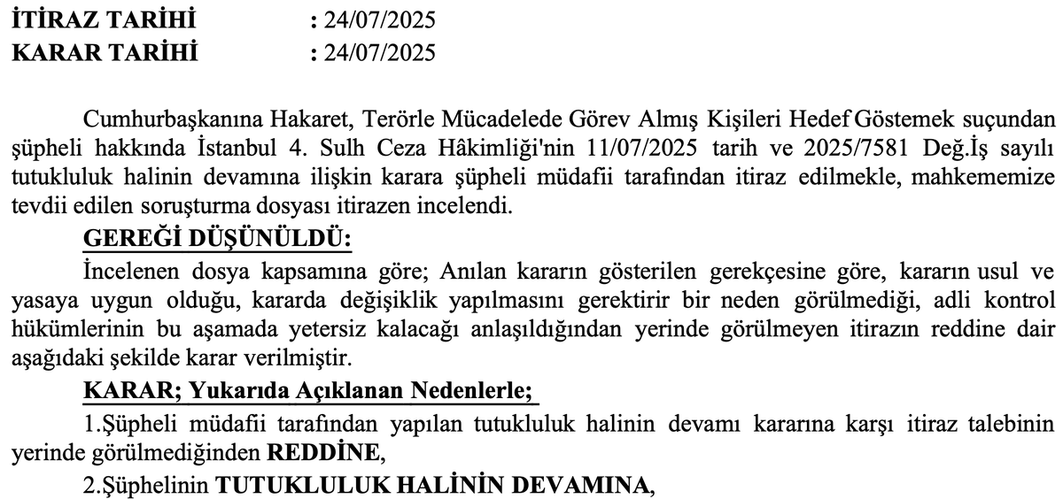 Harun Karabay (@ha_karabay) on Twitter photo Umduğumuz gibi değil, önceki 2 tutukluluk itirazımızda olduğu ve beklenildiği gibi, <a href="/frknkarabay/">Furkan Karabay</a> 'ın tutukluluğunun devamı kararına karşı yapmış olduğumuz itiraz reddedildi. Bir insanın özgürlüğünün elinden alınmasına karşı itirazın reddi gerekçesini aşağıya Umduğumuz gibi değil, önceki 2 tutukluluk itirazımızda olduğu ve beklenildiği gibi, <a href="/frknkarabay/">Furkan Karabay</a> 'ın tutukluluğunun devamı kararına karşı yapmış olduğumuz itiraz reddedildi. Bir insanın özgürlüğünün elinden alınmasına karşı itirazın reddi gerekçesini aşağıya