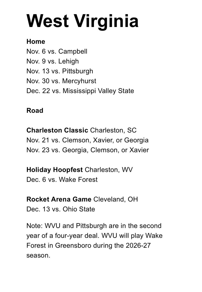 Olly Reed Sports (@ollyreedsports) on Twitter photo As of now this is the updated #WVU Men’s Basketball schedule, per <a href="/RoccoMiller8/">Rocco Miller</a>
Notable games include Pitt, Mercyhurst (Cameron Johnson’s homecoming), Wake Forest at the Charleston Coliseum & Ohio State at Rocket Arena. As of now this is the updated #WVU Men’s Basketball schedule, per <a href="/RoccoMiller8/">Rocco Miller</a>
Notable games include Pitt, Mercyhurst (Cameron Johnson’s homecoming), Wake Forest at the Charleston Coliseum & Ohio State at Rocket Arena.