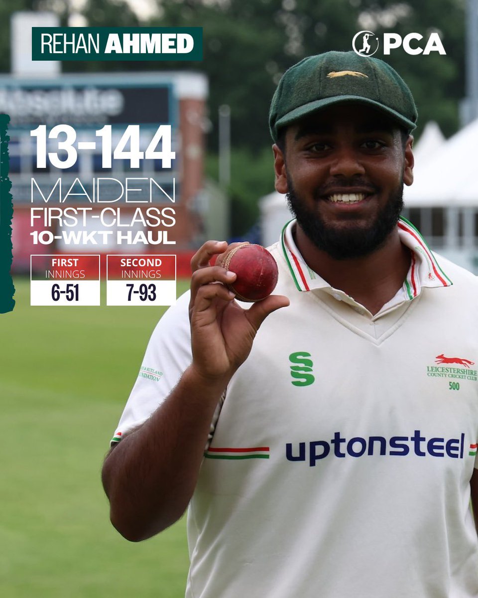 PCA's tweet image. What an incredible few days it's been for @RehanAhmed__16 🤯
Less than 48 hours after recording his best figures with the ball, he's gone & beaten it again with another sublime effort 💥
A special performance 👏
#CountyChamp