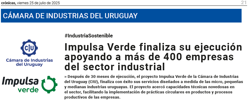 ImpulsaVerde's tweet photo. #HOY en @CronicasUy➡️"Impulsa Verde finaliza su ejecución apoyando a más de 400 empresas del sector industrial".

Accedé a la nota completa y conocé los resultados que alcanzamos 👉 https://t.co/49iFJSQxul

@camindus
@ahkuruguay
@ALINVESTVerde
@UEenUruguay https://t.co/L6GfGndEUx
