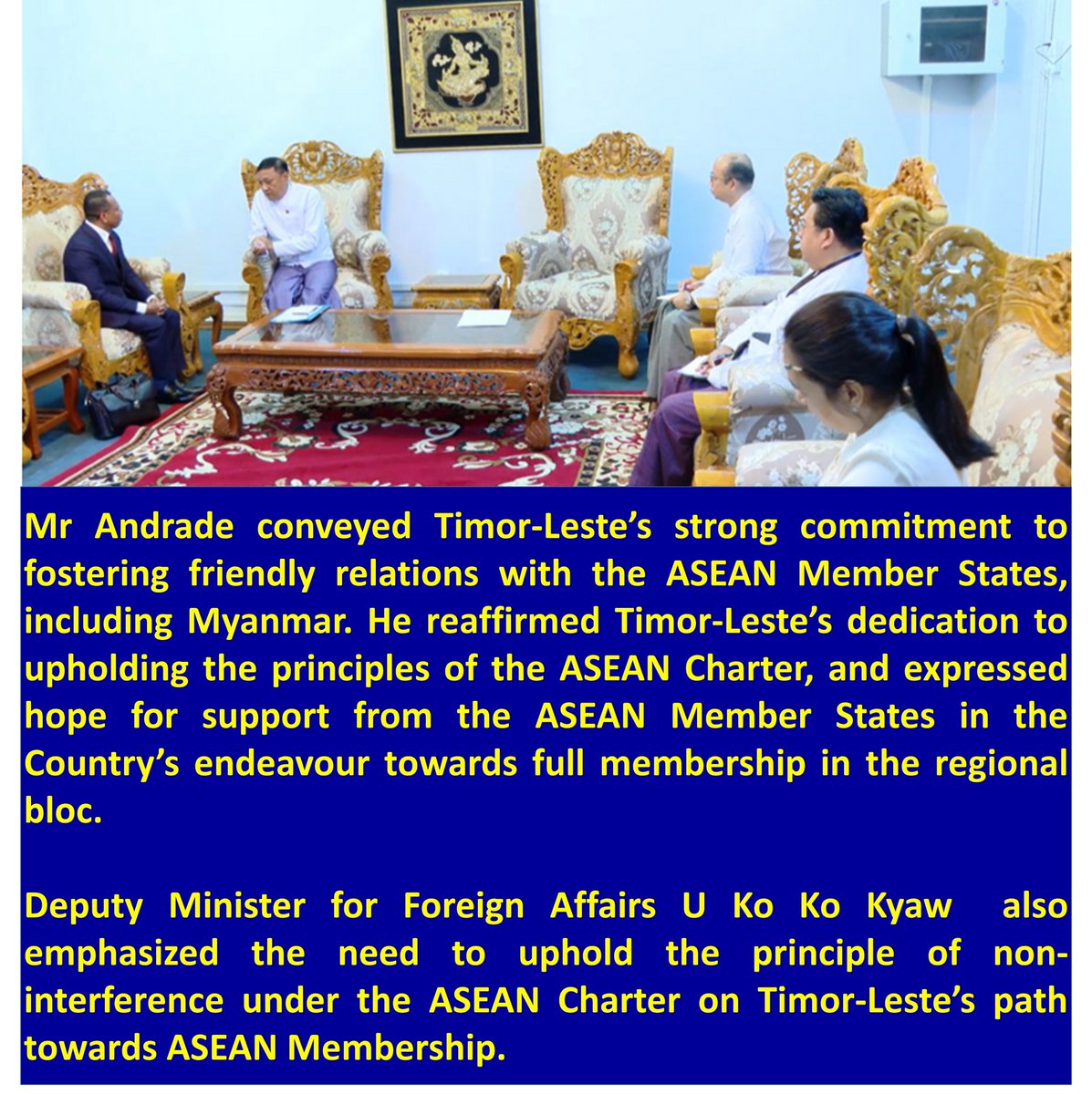 LauHonMeng's tweet image. MoFA Dy Minister receives Timor-Leste’s Chargé d’Affaires #MyanmarFactCheck @ASEAN @ViewsofMM22 #WhatsHappeninglnMyanmar