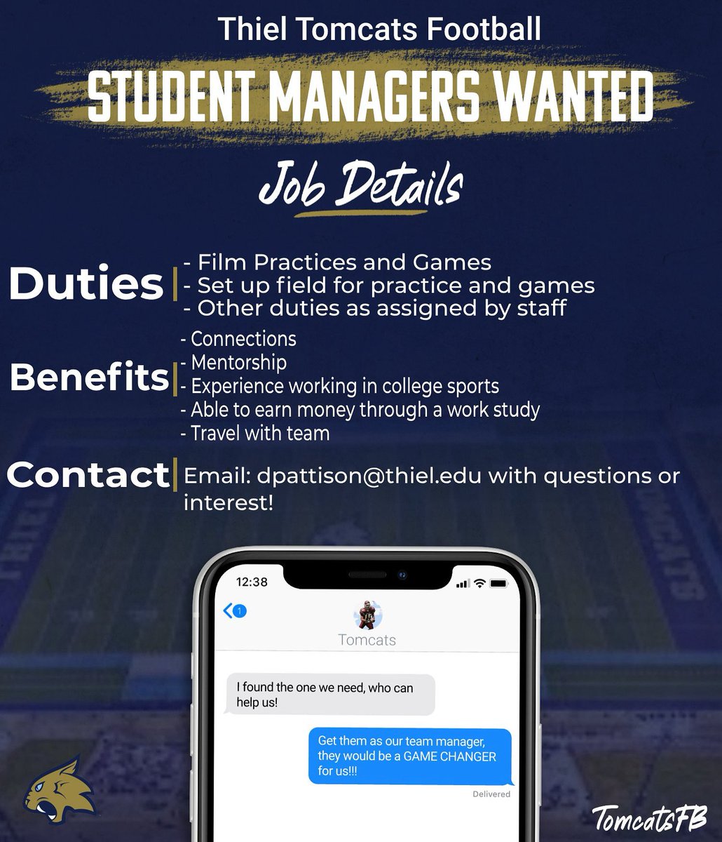 Thiel_FB's tweet image. 🚨 WE’RE HIRING! 🚨
Thiel Tomcats Football is looking for dedicated Student Managers to join our team for the 2025 season!
🎥 Film practices &amp;amp; games
🏈 Set up the field
✈️ Travel with the team
💰 Work study available
📩 Interested? Email dpattison@thiel.edu today