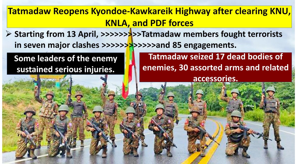 LauHonMeng's tweet image. As Tatmadaw columns launched counterattacks to pro tect Kawkareik town and local military headquarters not to falling into enemy hands, fight ing occurred from 19 to 22 April. Those terrorists suffered heavy casualties and retreated in dis order. #MyanmarFactCheck