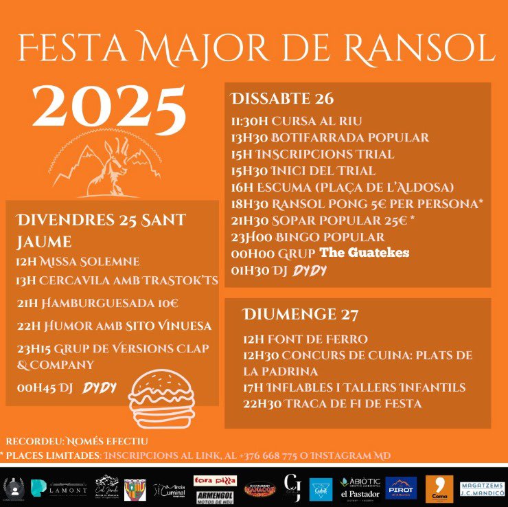 Tret de sortida a la Festa Major de Ransol amb la missa solemne a l'església de Sant Jaume i la cercavila amb Trastok'ts! 

Cap de setmana d'activitats per a tota la família! 🎉 ⬇️ Consulta el programa complet! 

#ransol #canillo #andorra