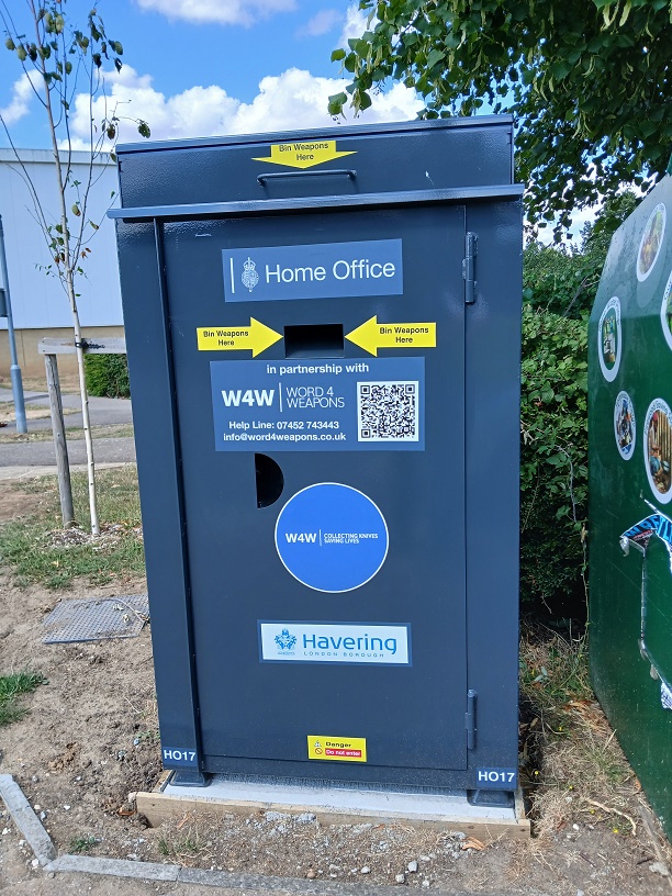 1/2 We’re supporting initiatives in getting dangerous knives off the borough’s streets as part of the Home Office’s Knife Surrender Scheme. There’s a  permanent Word4Weapons knife surrender bin, situated in Central Park, Harold Hill, next to the clothes bin in the car park.