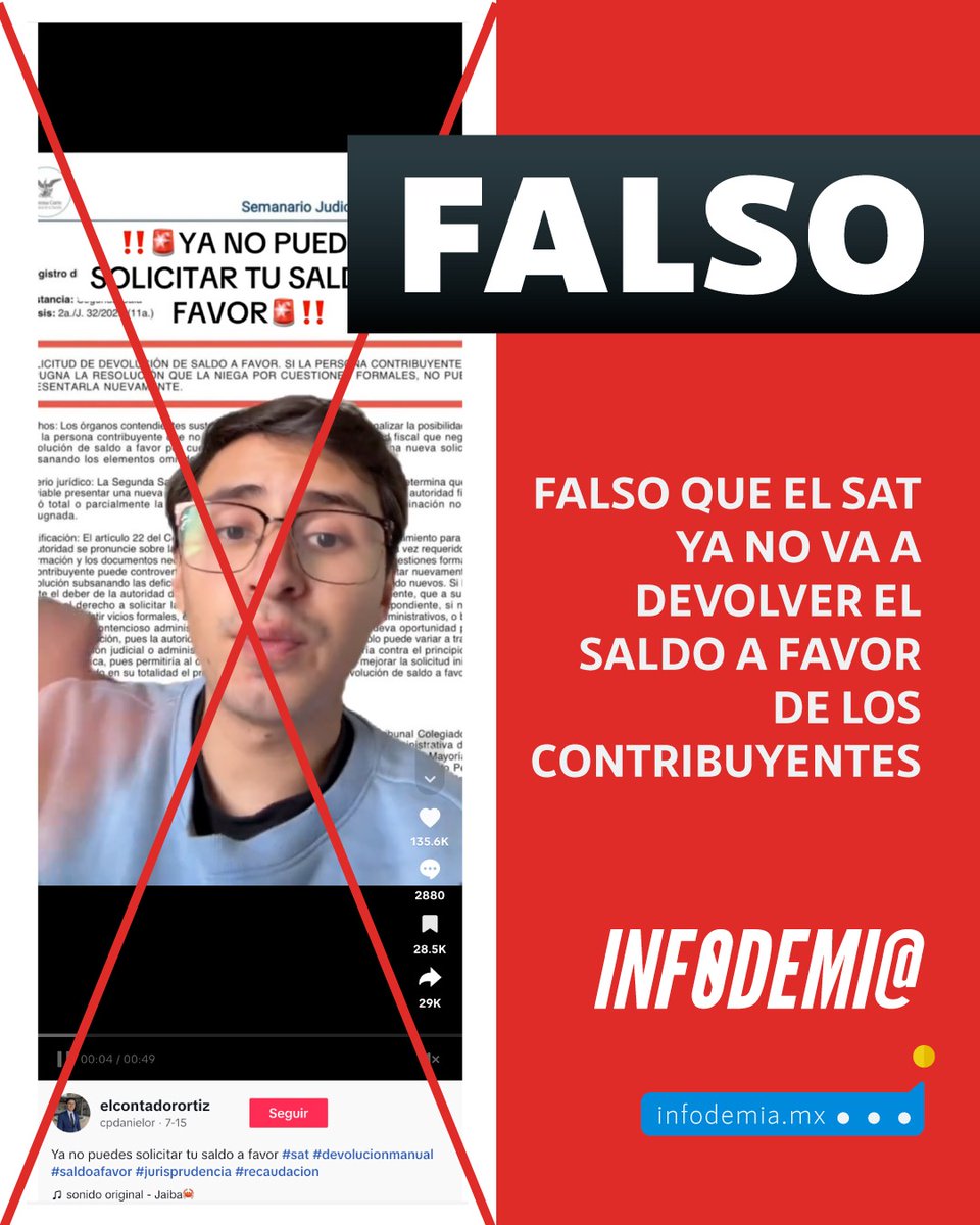 infodemiaMex's tweet image. ❌Falso que el @SATMX ya no va a devolver el saldo a favor de los contribuyentes
✅La tesis 2a./J. 32/2025 (11a.) de la #SCJN no prohíbe la devolución de los saldos a favor, esta tesis establece que cuando la autoridad fiscal negó una solicitud de devolución por cuestiones…