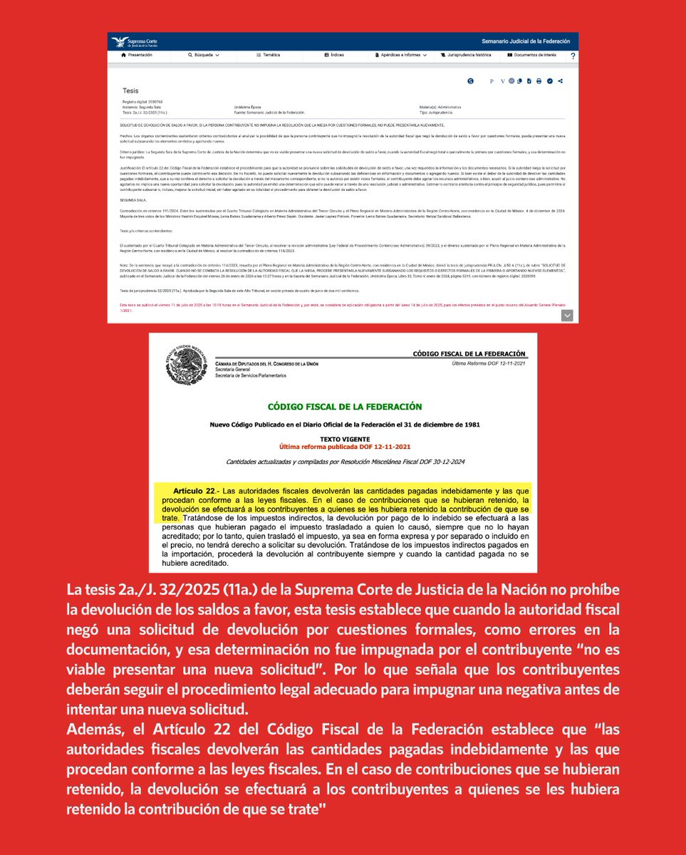 infodemiaMex's tweet image. ❌Falso que el @SATMX ya no va a devolver el saldo a favor de los contribuyentes
✅La tesis 2a./J. 32/2025 (11a.) de la #SCJN no prohíbe la devolución de los saldos a favor, esta tesis establece que cuando la autoridad fiscal negó una solicitud de devolución por cuestiones…