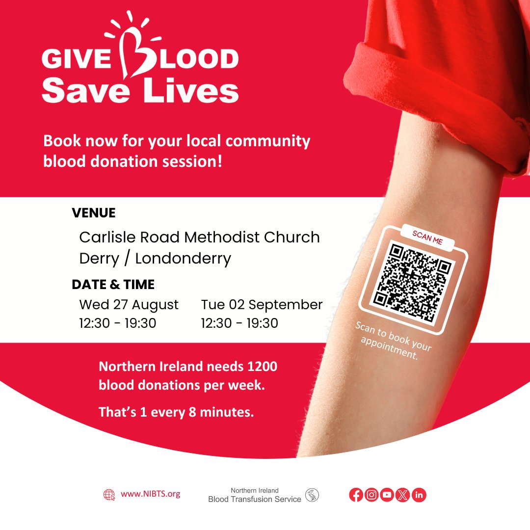 dcsdcouncil's tweet image. The Northern Ireland Blood Transfusion Service are hosting a blood donation event in the Carlisle Road Methodist Church on Wednesday August 27th 🩸
You can book your appointment now by scanning the QR code below or at visiting nibts.hscni.net/online-booking…