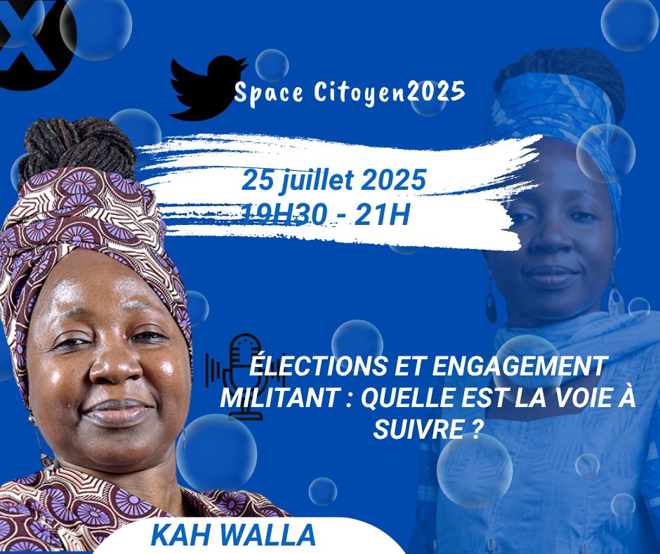 C’EST AUJOURD’HUI !
Ne manquez pas notre Space Citoyen 2025 avec Madame <a href="/KahWalla/">Kah Walla</a> à 19h30.
Un échange libre, engagé et ouvert à tous.
Posez vos questions, faites entendre votre voix ! 💬
<a href="/JulesOlivier12/">Qui est mon candidat ?</a>
#SpaceCitoyen2025 #KahWalla  #Cameroun2025 x.com/i/spaces/1DXxy…