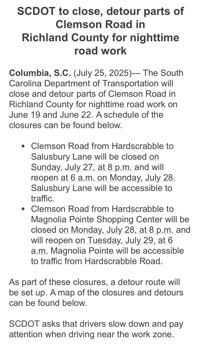 GrantForSC's tweet image. Friends! Please be aware of nighttime road closures happening in the district to complete work on the Hardscrabble Road project.