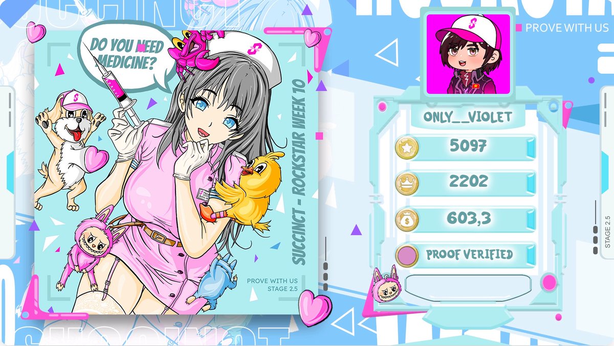 only__violet's tweet image. My journey in @SuccinctLabs Testnet 🩷
(Idk who built this but this nurse looks so damn amazing ngl, i fil with her alrd 😭)

🌸I&apos;ve earned 5097 stars in Stage 1 (Actually it&apos;s more than around 7k）
🌸Ranked #2202 in Stage 2 
🌸Staked 603.34 $stPROVE  

My role is Proof Verified…