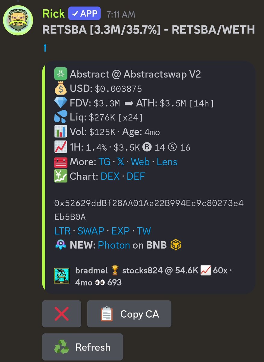 elysian_nexus_'s tweet image. Abstract season❓️❓️
Shoutout to our caller @Stocks824 who pinged RETSBA at 38k, 4 months ago for our holders
Currently sitting at 3.3M (ATH 3.5M)
That's an 87x 🤯🤯
Receipts below in the pictures.. He's still holding a fat bag of it too!
@AbstractChain @retsbaxyz