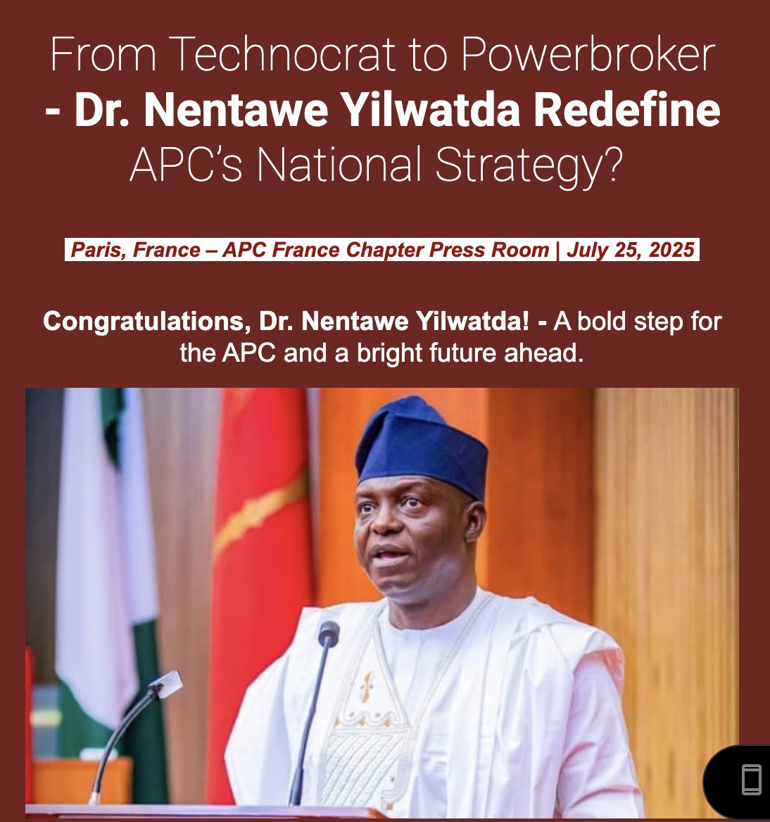 The new National Chairman, Prof. Nentawe Goshwe Yilwatda,... Read more on our official website: sites.google.com/view/apc-franc…

#apcng @official_apcnigeria @apcprofessionalsforum @officialapcng @nentawe.yilwatda @officialasiwajubat @henrydelealake #congratulations #leadership