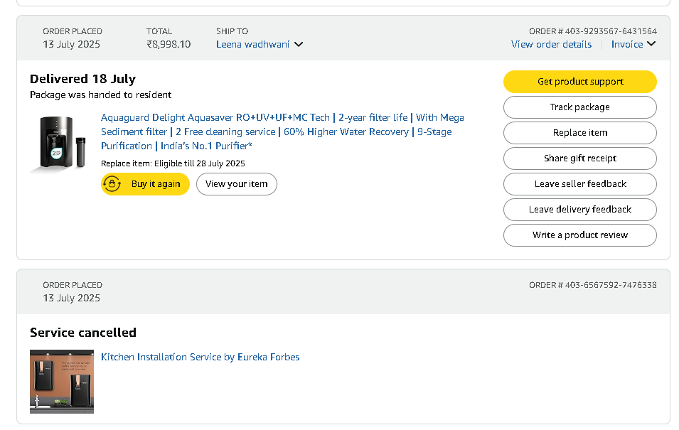jayant802's tweet photo. @AmazonHelp Order number 403-9293567-6431564         I ordered a water purifier from amazon on dated 12/7/2025 and the product was received on 18/07/2025 but still installation is pending from your side,i am regularly follow-up from your customer care but nobody is helping. https://t.co/HhN5es3a8w