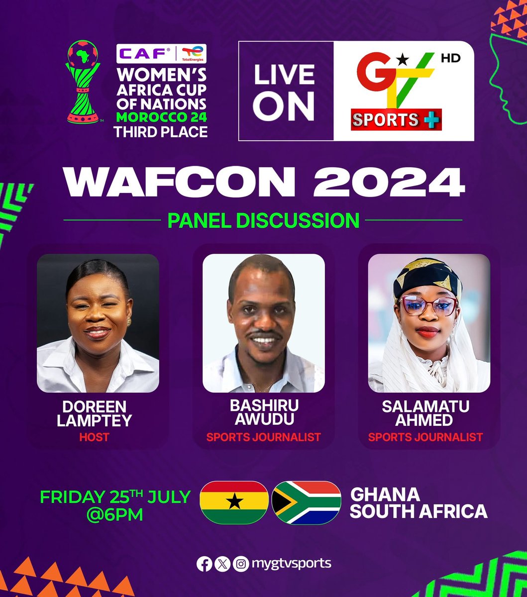 mygtvsports's tweet image. OUR PANEL FOR 🇬🇭 v 🇿🇦
Doreen Lamptey leads the conversation as the Black Queens face Banyana Banyana— Awudu Bashiru and Salamatu Ahmed will share expert thoughts on the game.
#GTVSports