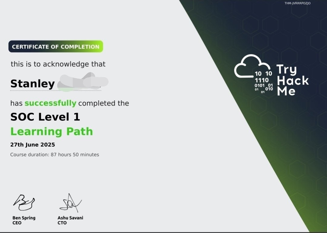 StanleyCyber's tweet image. Completed the SOC Level 1 on @RealTryHackMe last month, but I&apos;ve been a bit quiet here.

It was a great deep dive into network security, threat detection, SIEM and Blue team basics

SAL1 next up. One step at time 
@ireteeh @Olufela_Jr @cyber_rekk 

#CyberSecurity #BlueTeam