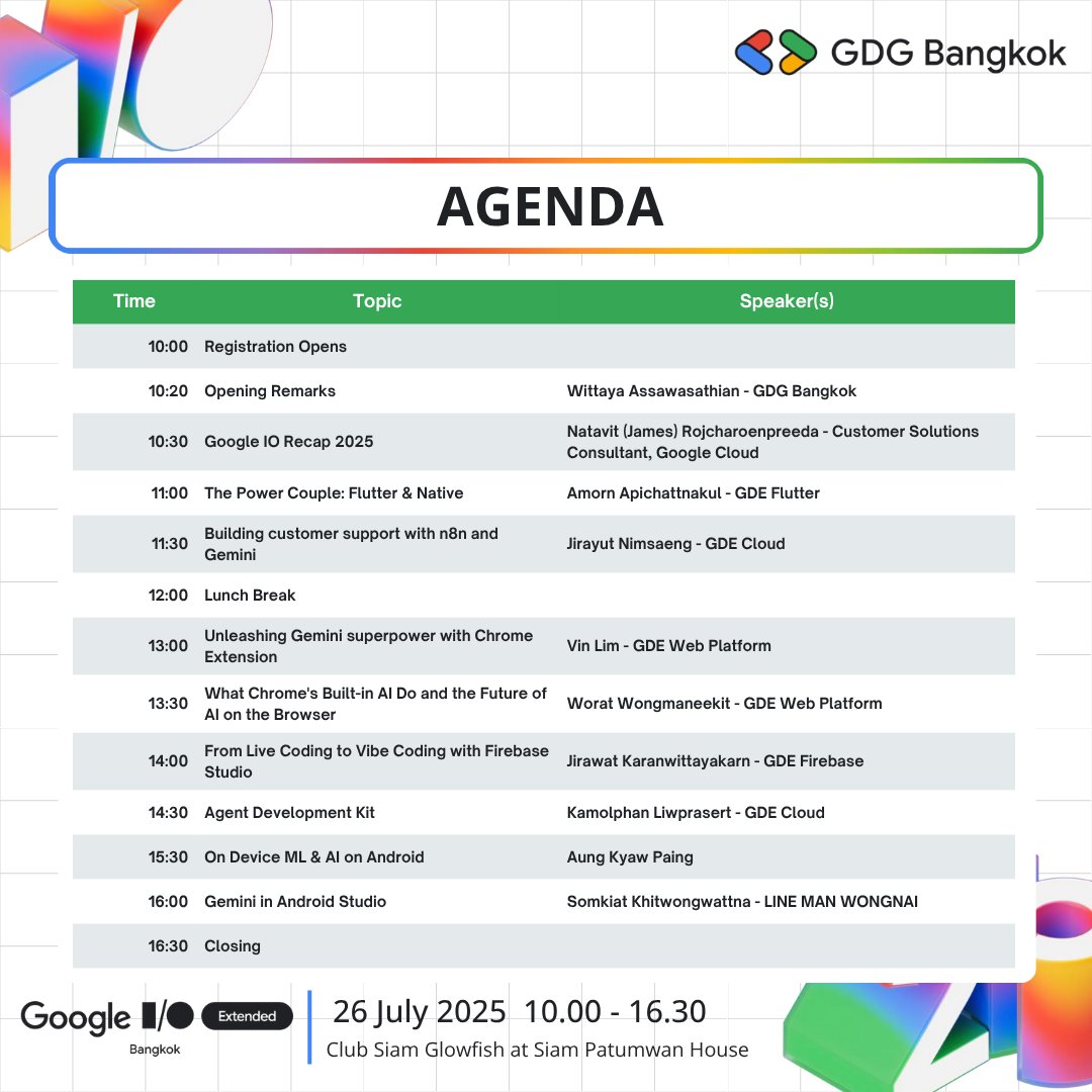 Jirawatee's tweet image. If you&apos;re going to Google I/O Extended Bangkok 2025 tomorrow, come say hi to me and learn how to go from your idea to a full-stack AI app in minutes by vibe coding with #FirebaseStudio