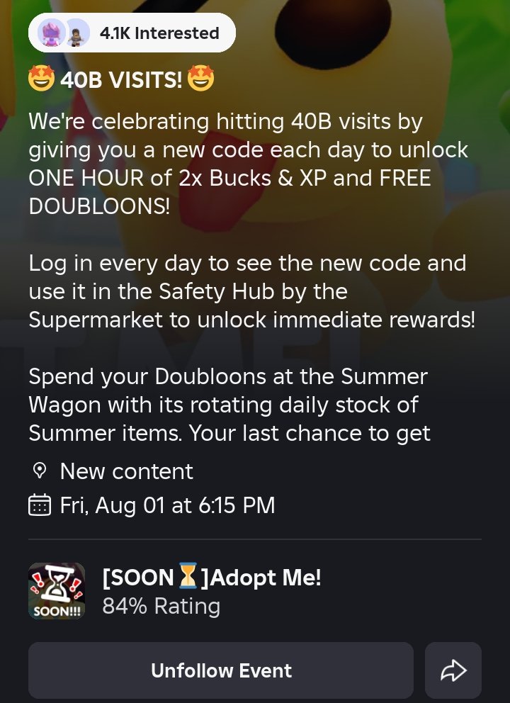 ItzFelixRblx's tweet photo. we're gonna have a summer wagon to spend our remaining doubloons after the summer event ends! ๐คฉ can't wait to celebrate 40B visits too๐ฅฐ
#AdoptMe #AdoptMeSummer https://t.co/y1jZCu5058