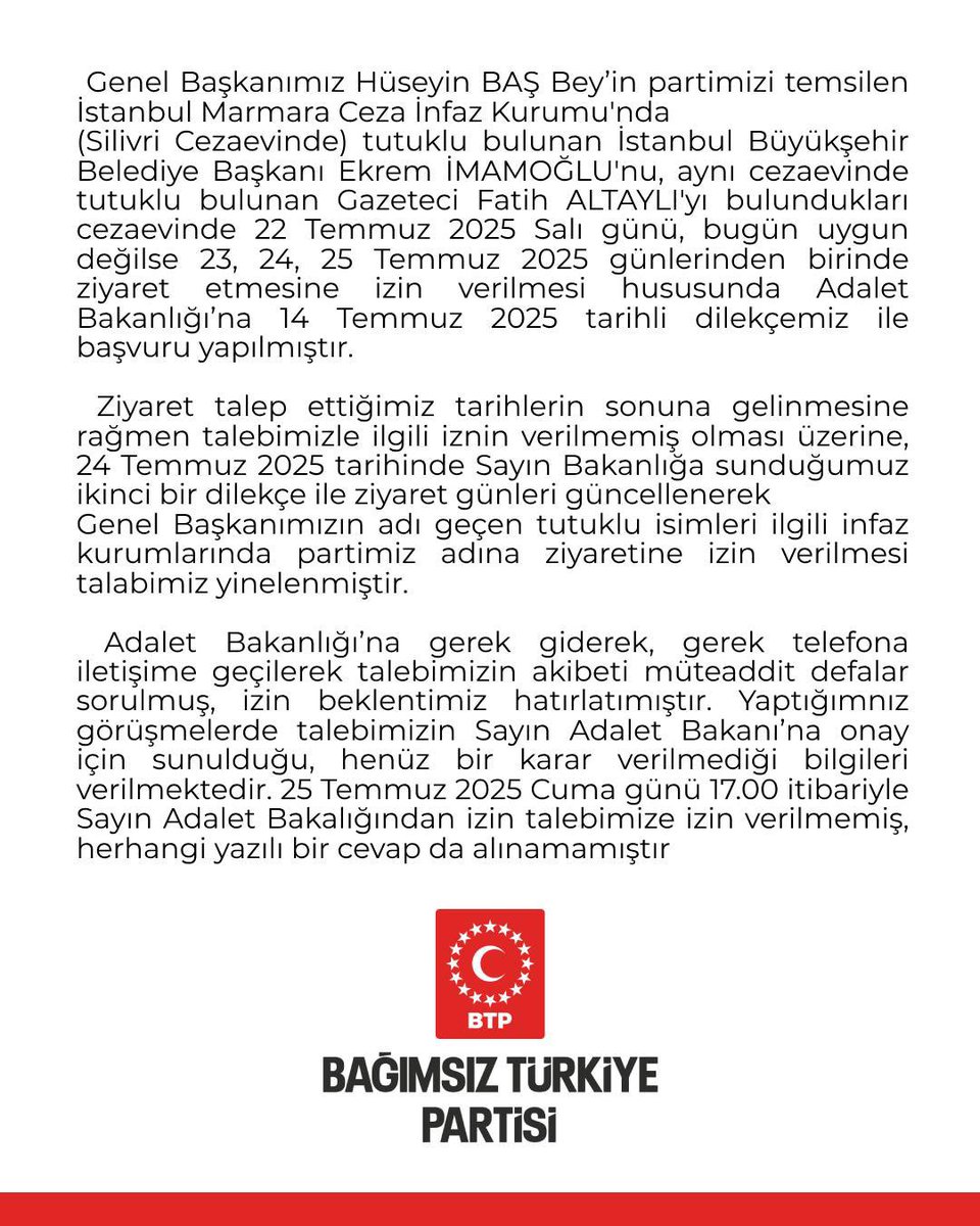 Genel Başkanımız Sn. Hüseyin Baş’ın, Sn. Ekrem İmamoğlu ve Sn. Fatih Altaylı’yı ziyaret talebine ilişkin açıklamamız