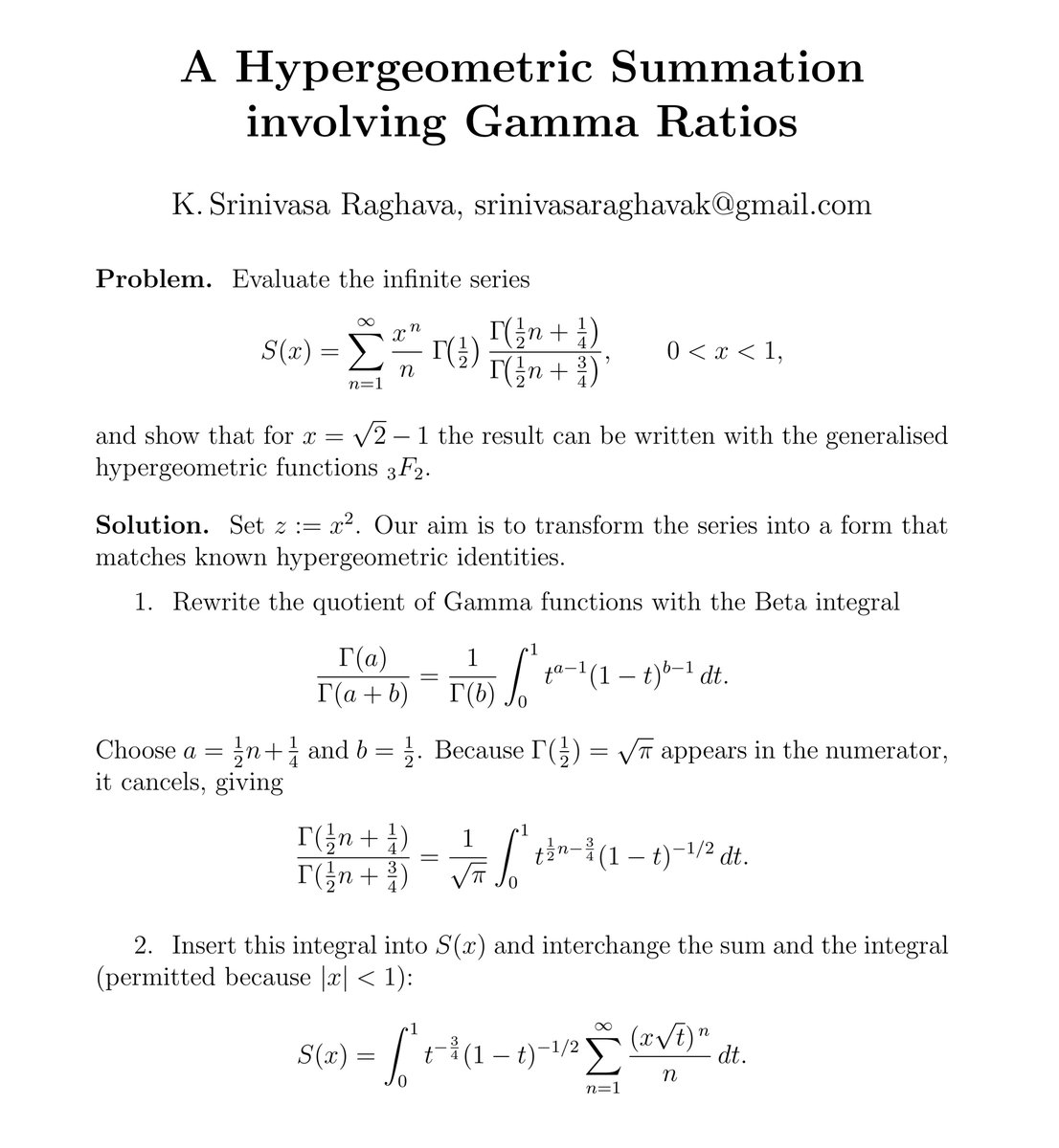 SrinivasR1729's tweet image. Today I got an exciting Hypergeometric problem from a student. Here is my detailed solution and analysis. We can generalize and get nice special values.
#math